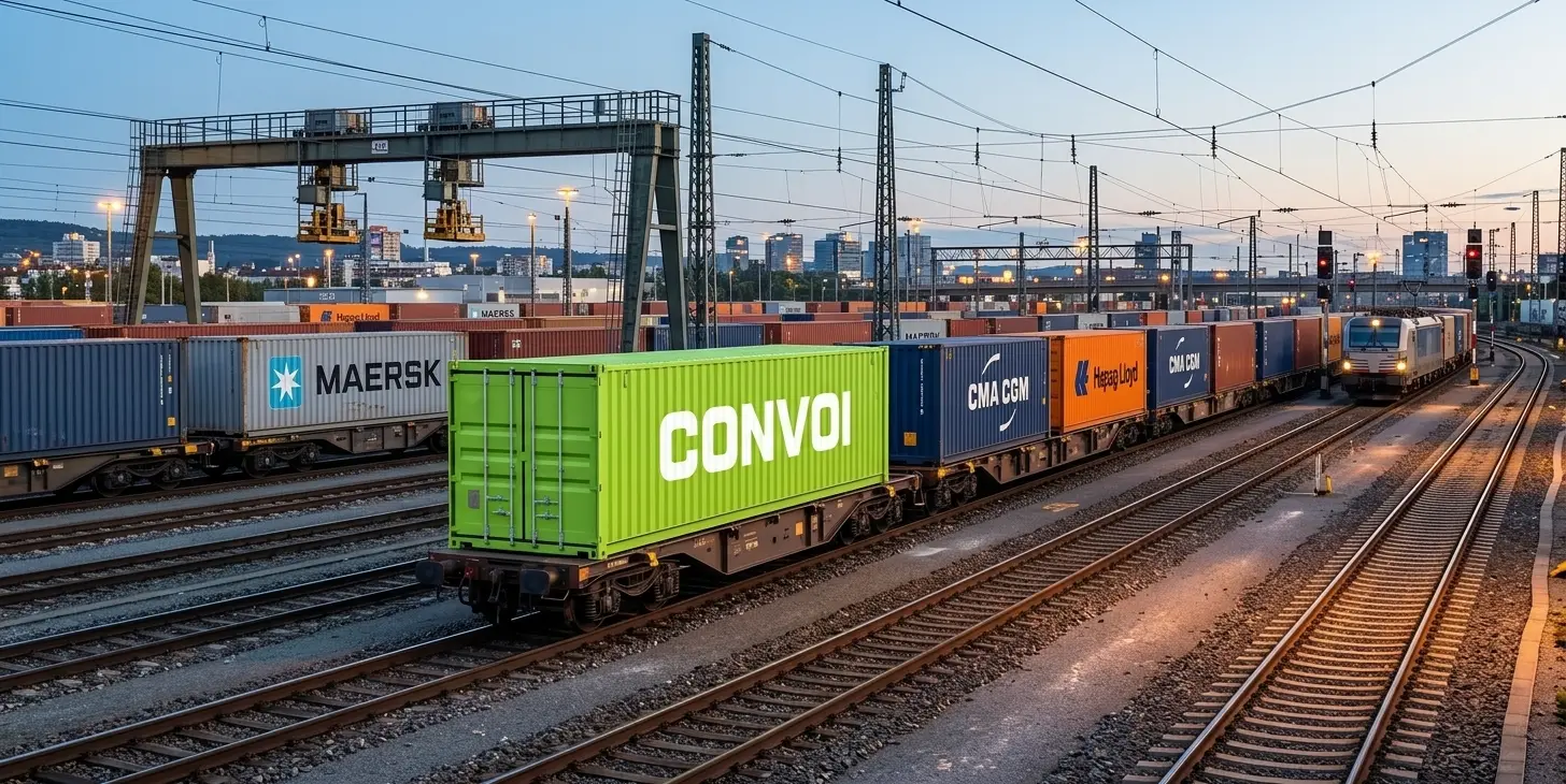 Grønn Convoi-container på godstog ved en jernbaneterminal