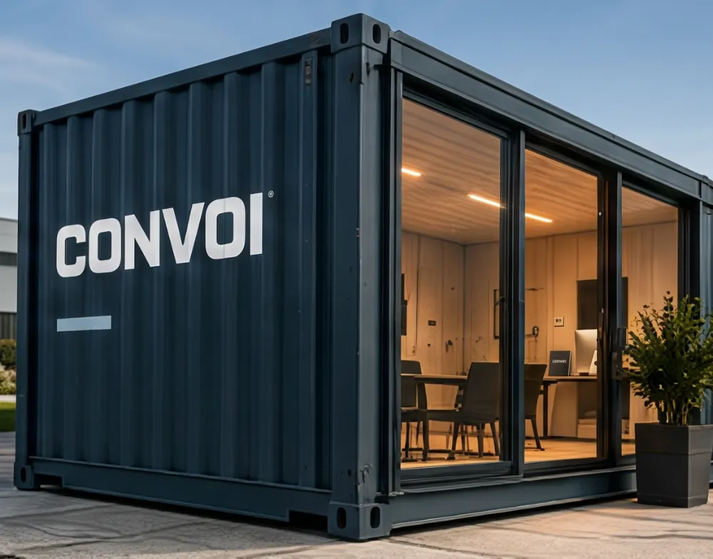 Kontormodul 20 fot fra Convoi med store vinduer og innredet kontor